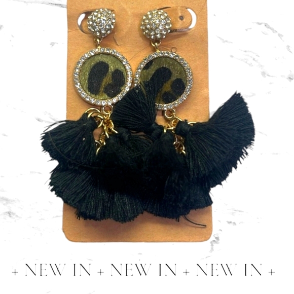 Leopard Print Black Fringe w/ Rhinestones Gold & Silver Accents Earrings NWT - Picture 1 of 1